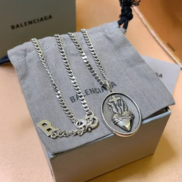 Balenciaga Sacred Heart Pendant Silver Black Curb Chain Oval Engraved Necklace 9