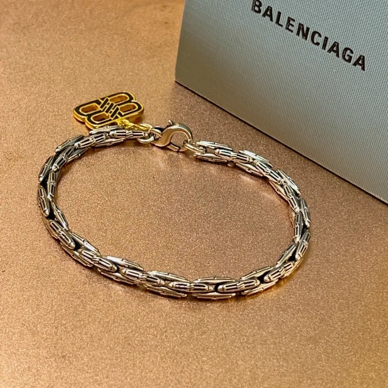 Balenciaga Silver Gold Twisted-Link Chain Logo Charm Bracelet 2
