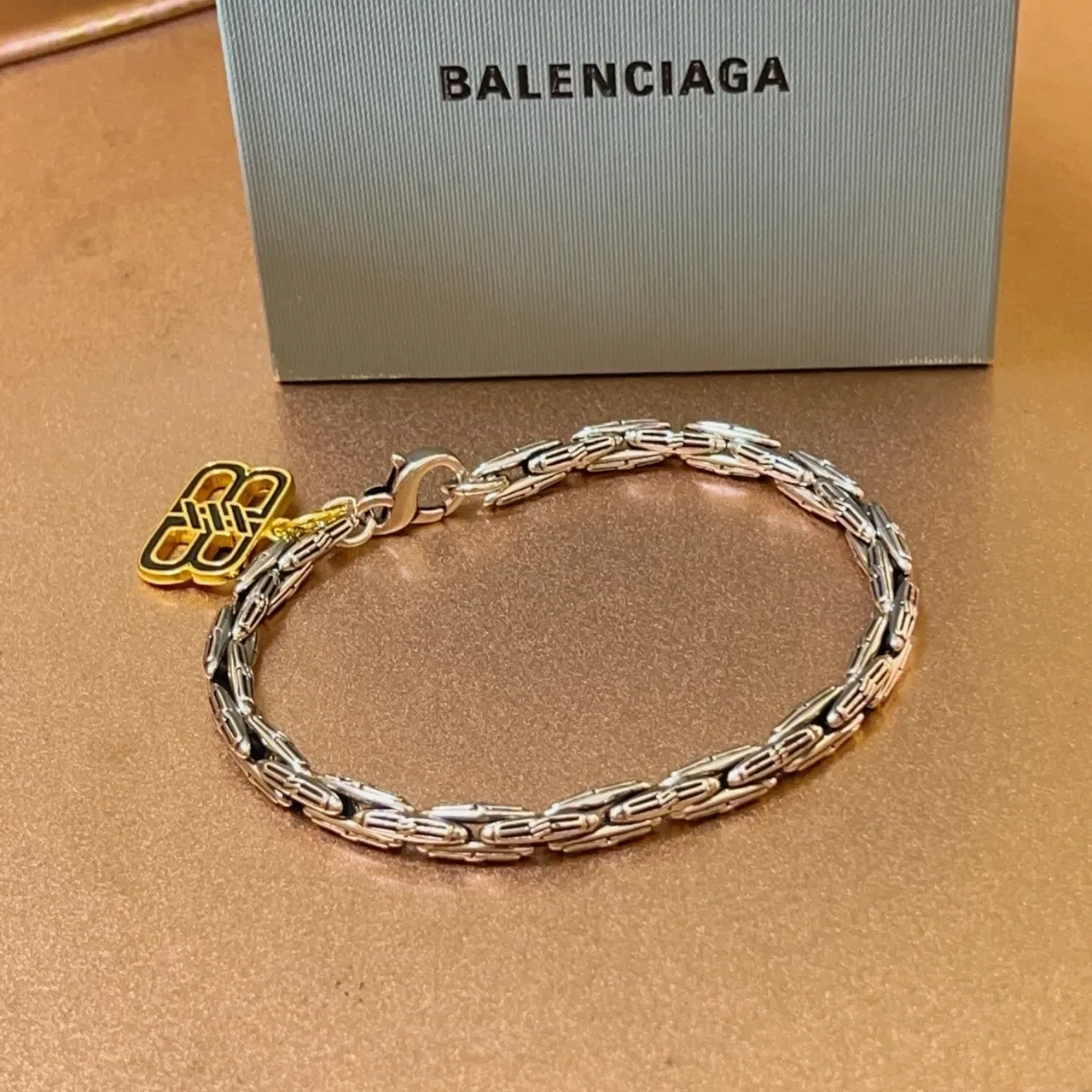 Balenciaga Silver Gold Twisted-Link Chain Logo Charm Bracelet 3