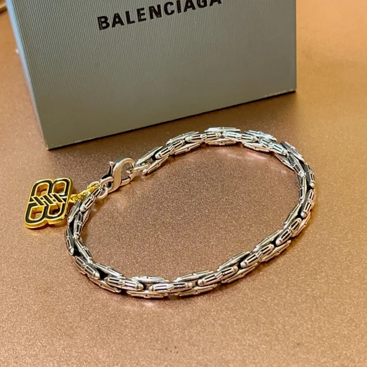 Balenciaga Silver Gold Twisted-Link Chain Logo Charm Bracelet 5