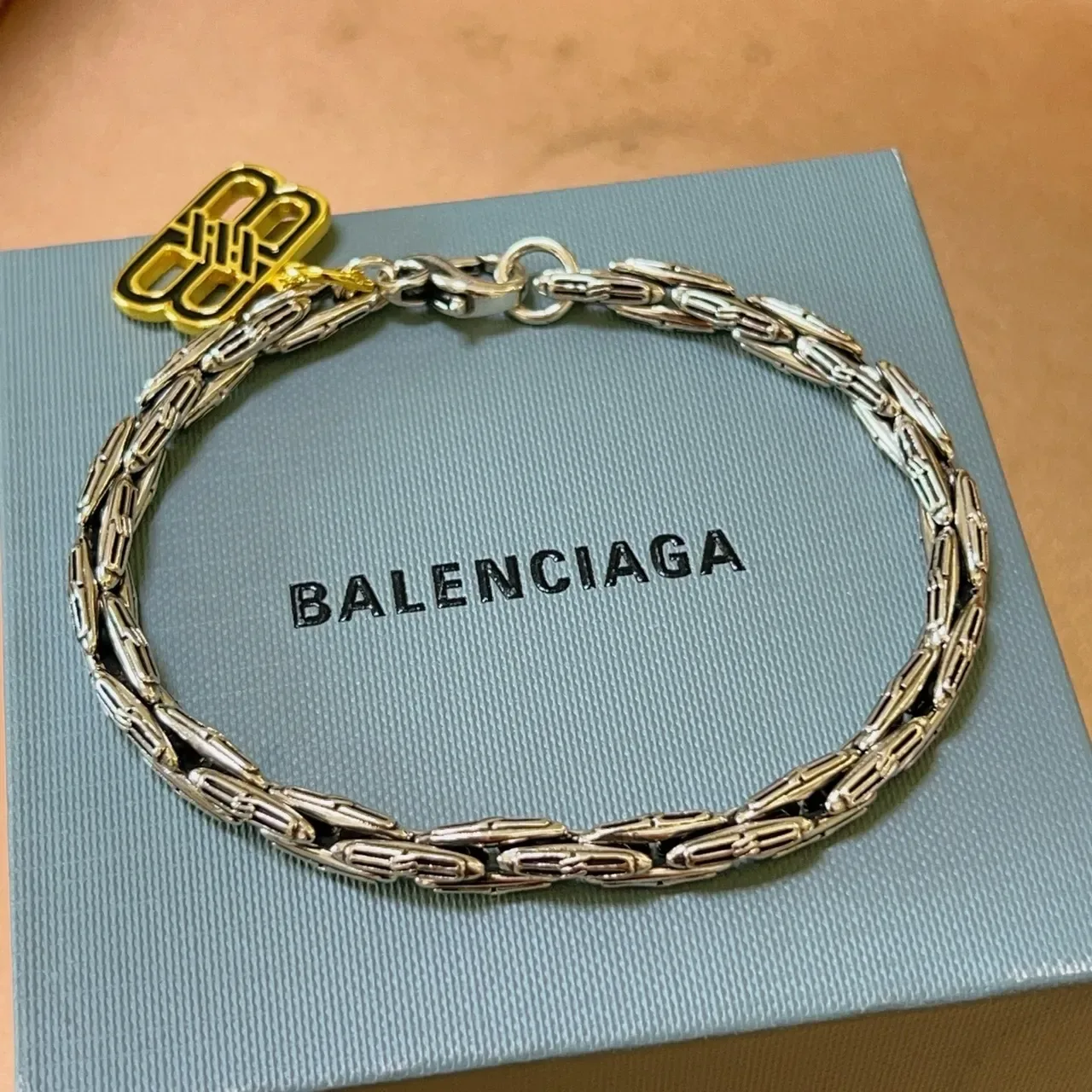 Balenciaga Silver Gold Twisted-Link Chain Logo Charm Bracelet 6