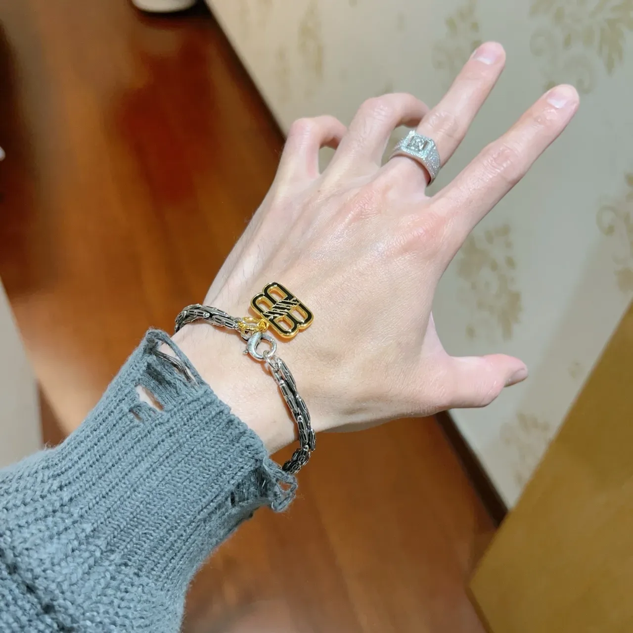 Balenciaga Silver Gold Twisted-Link Chain Logo Charm Bracelet 8