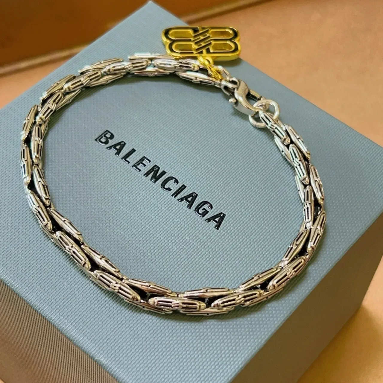 Balenciaga Silver Gold Twisted-Link Chain Logo Charm Bracelet 9