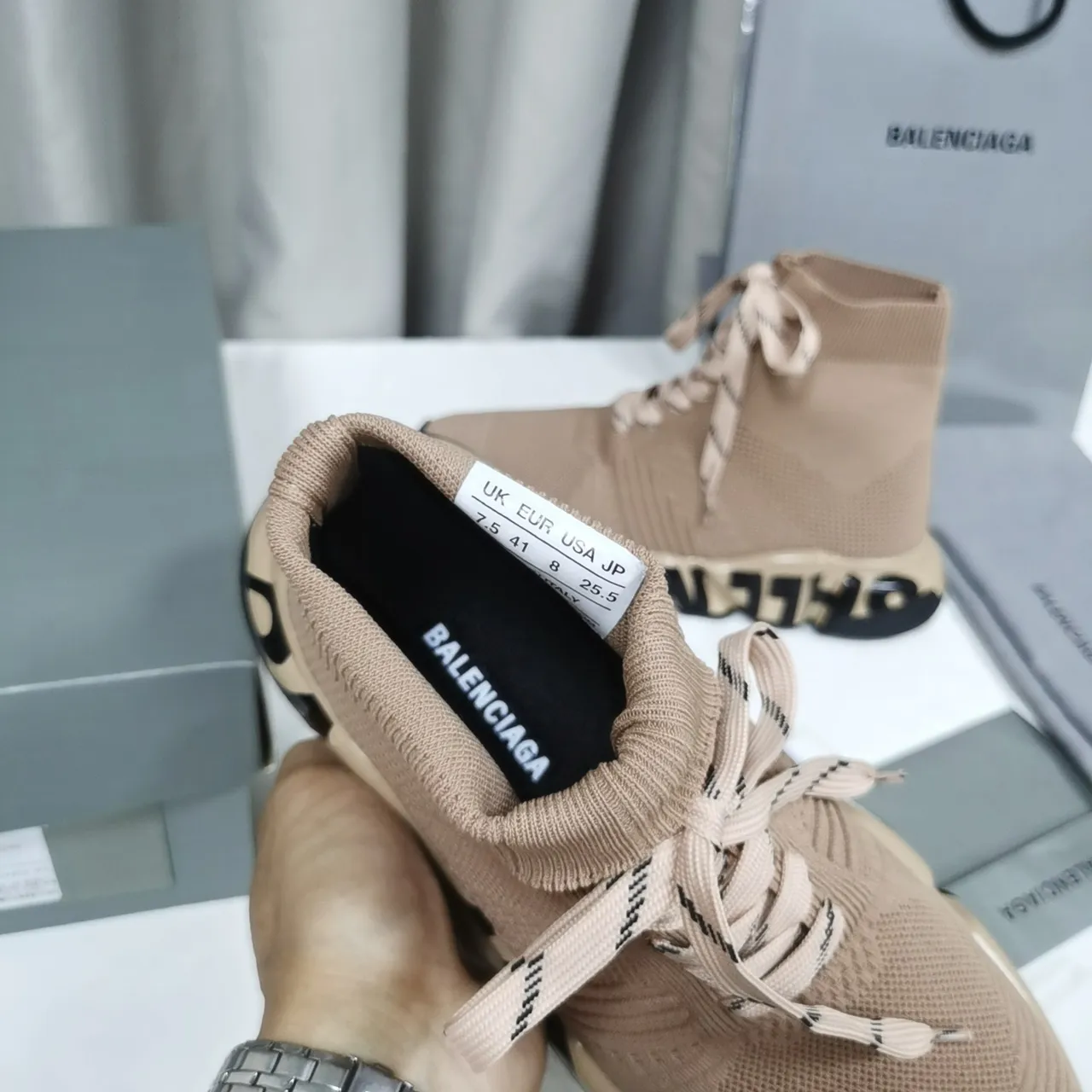 Balenciaga Speed Trainer Beige बुना हुआ जुर्राब फिट चंकी स्नीकर 3