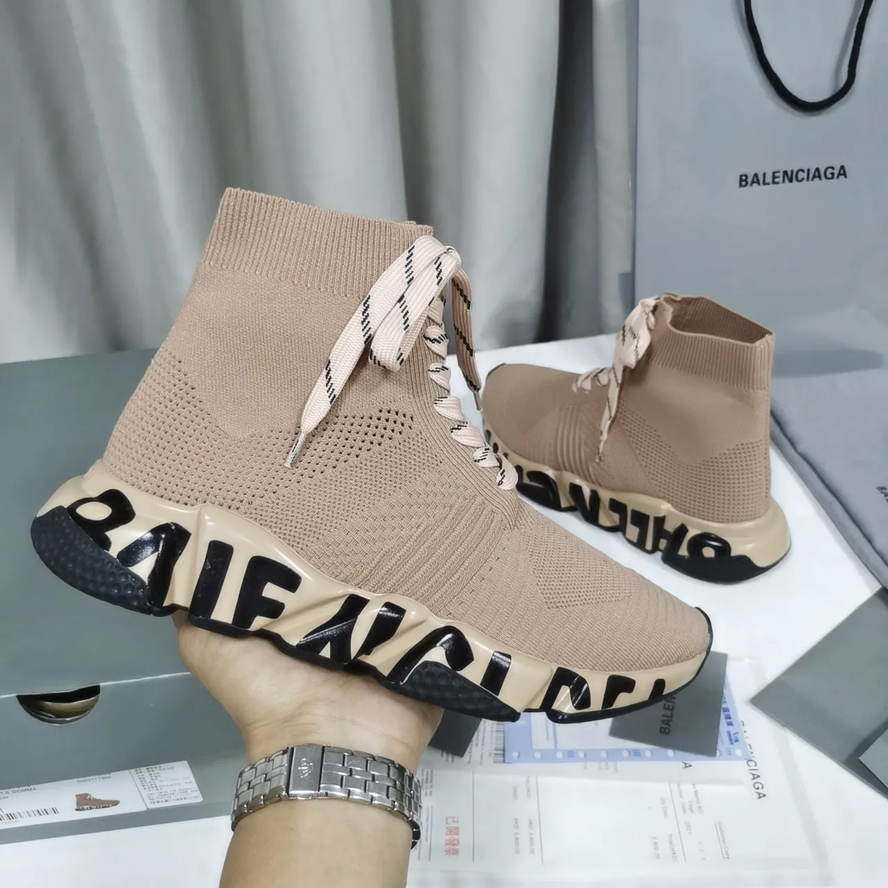 Balenciaga Speed Trainer Beige बुना हुआ जुर्राब फिट चंकी स्नीकर 5