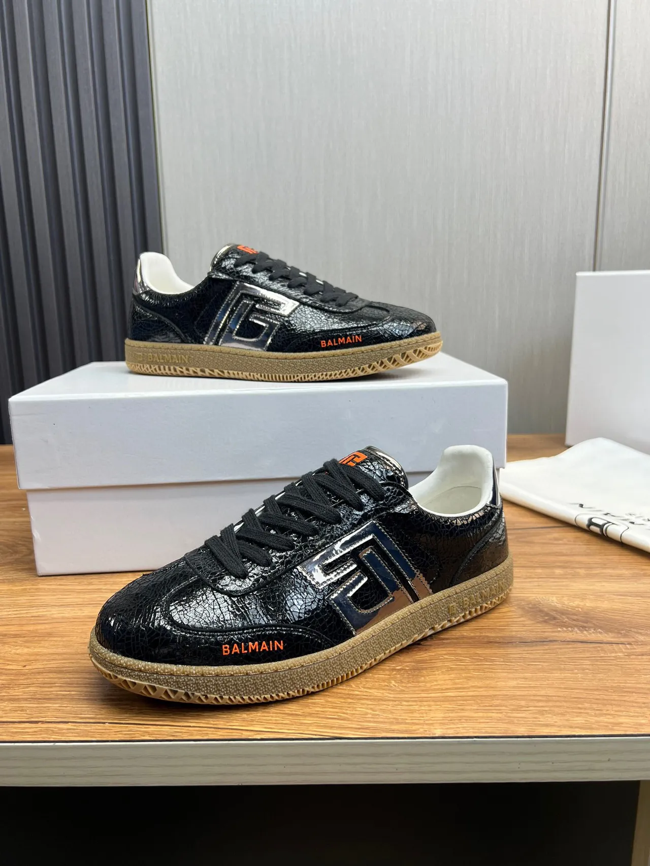 Balmain B-Court Black Cracked Leather Orange Logo Lifestyle Sneakers 2
