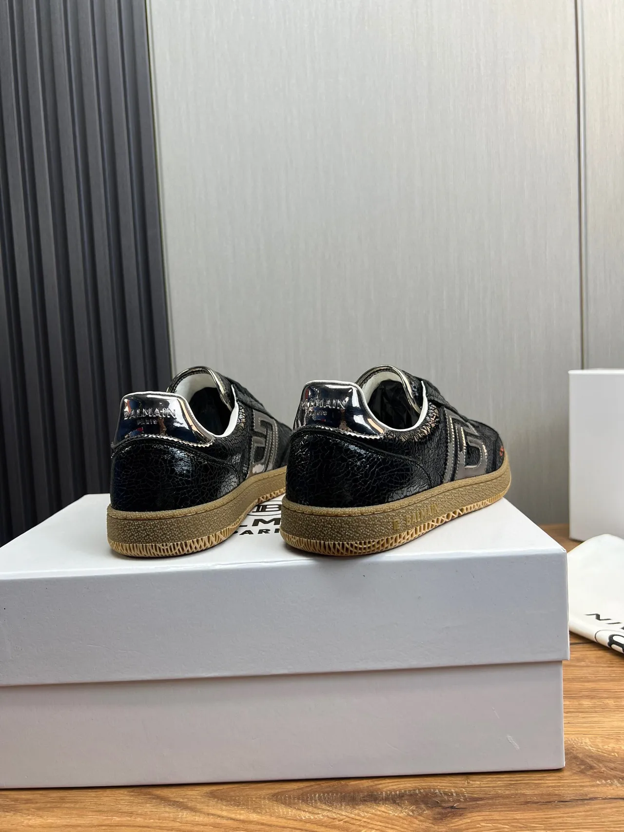 Balmain B-Court Black Cracked Leather Orange Logo Lifestyle Sneakers 3