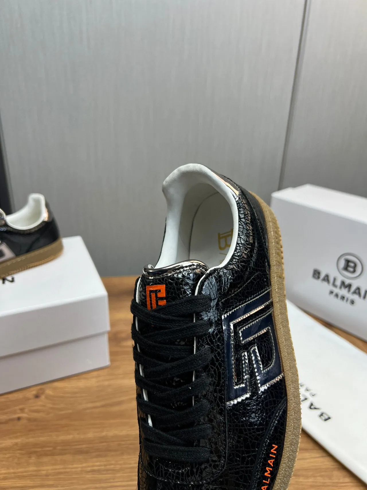Balmain B-Court Black Cracked Leather Orange Logo Lifestyle Sneakers 8