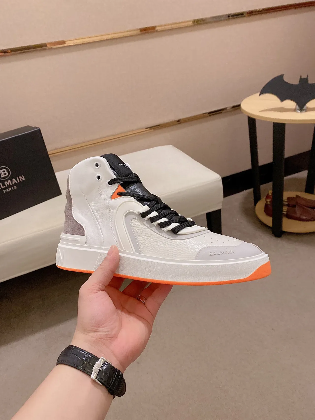 Balmain 白橙高帮皮麂皮混合运动鞋 6