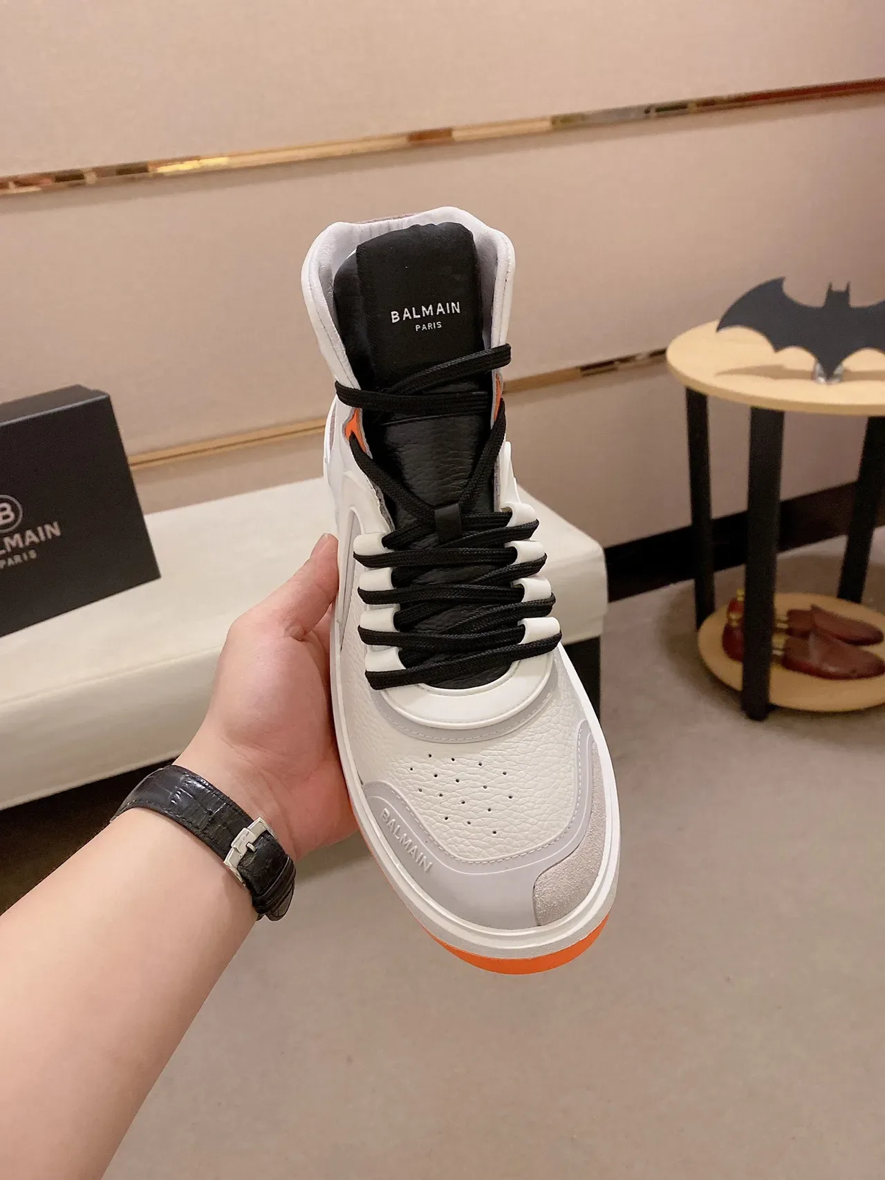 Balmain 白橙高帮皮麂皮混合运动鞋 8