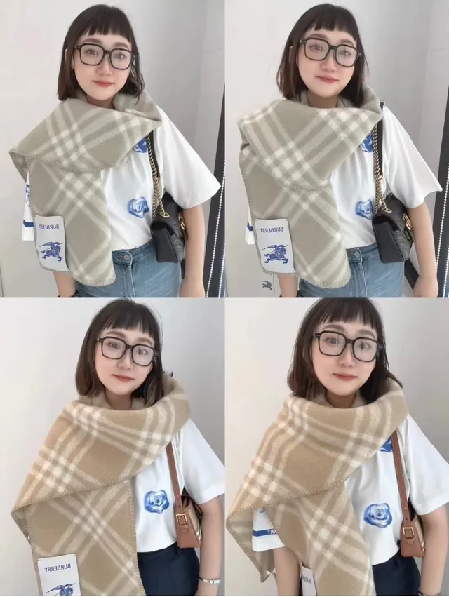 Burberry Bege Branco Padrão Xadrez Diagonal Bordas Franjas Cachecol de Cashmere 4