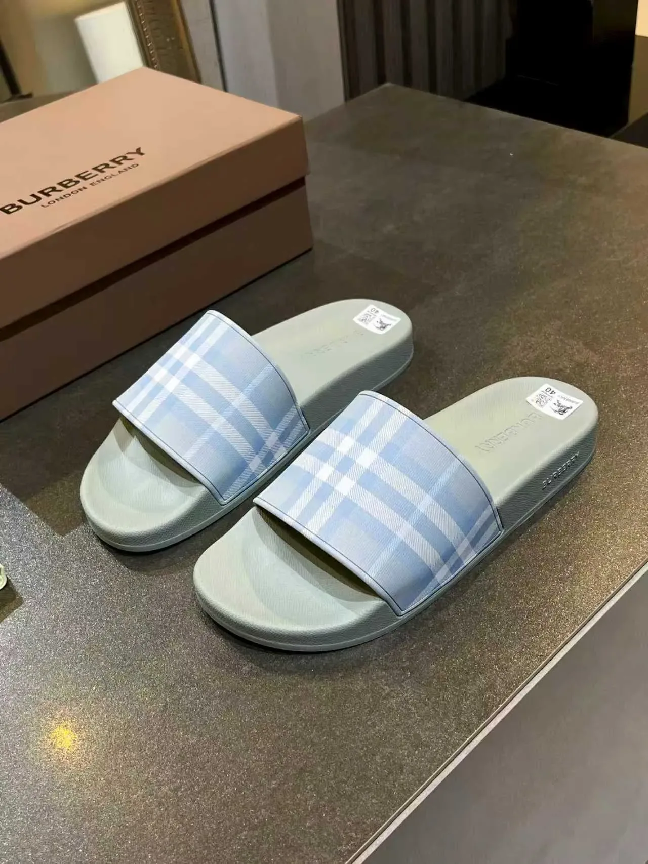 Burberry Blue Beige Molded Rubber Sole Single Wide Checkered Strap Slippers 4