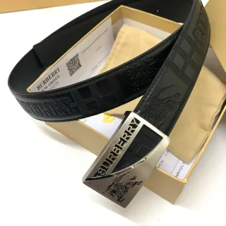 Burberry Knight Black Silver Embossed Logo Check Pattern Leather Belt