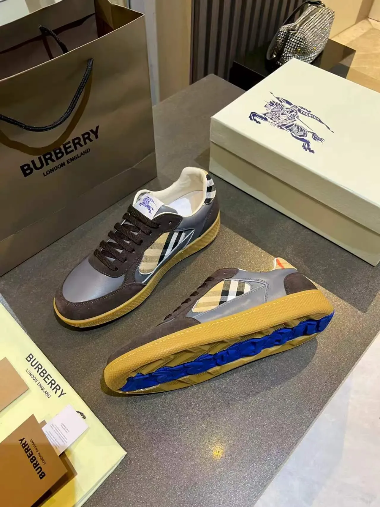 Burberry Knight Brown Beige Panelled Mixed-Material Upper Iconic Check Side Inserts Lifestyle Sneakers 4