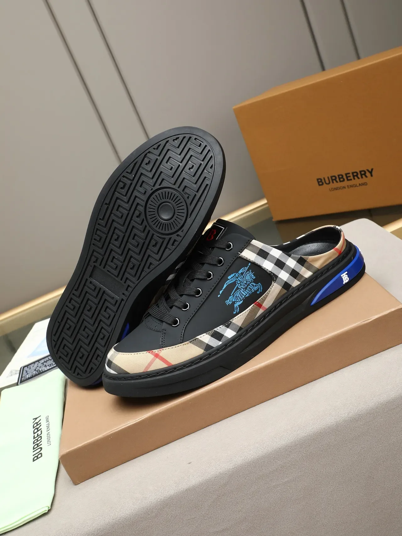 Burberry فارس مطبوعة المربعات مفتوحة الظهر موزة أسلوب حياة حذاء رياضي 4