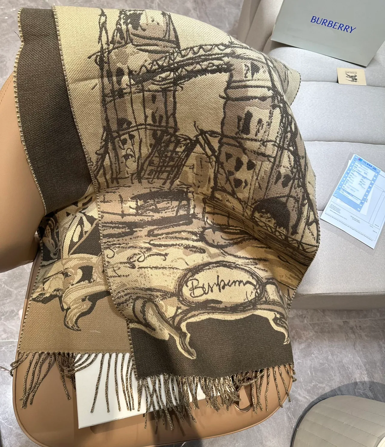 Burberry Knight Sketch Beige Brown Shawl 9