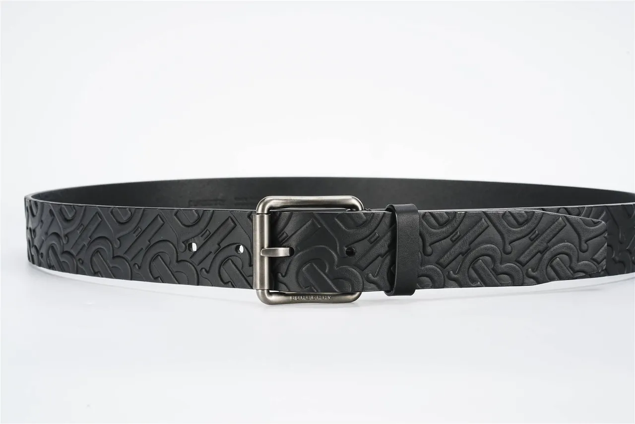Burberry Monogram Black Silver Embossed Aged Metal Buckle Leather Belt 7