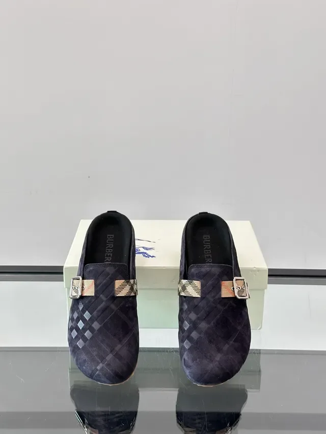 Burberry Navy Beige Quilted Suede-Like Upper Mule Silhouette Loafer 3