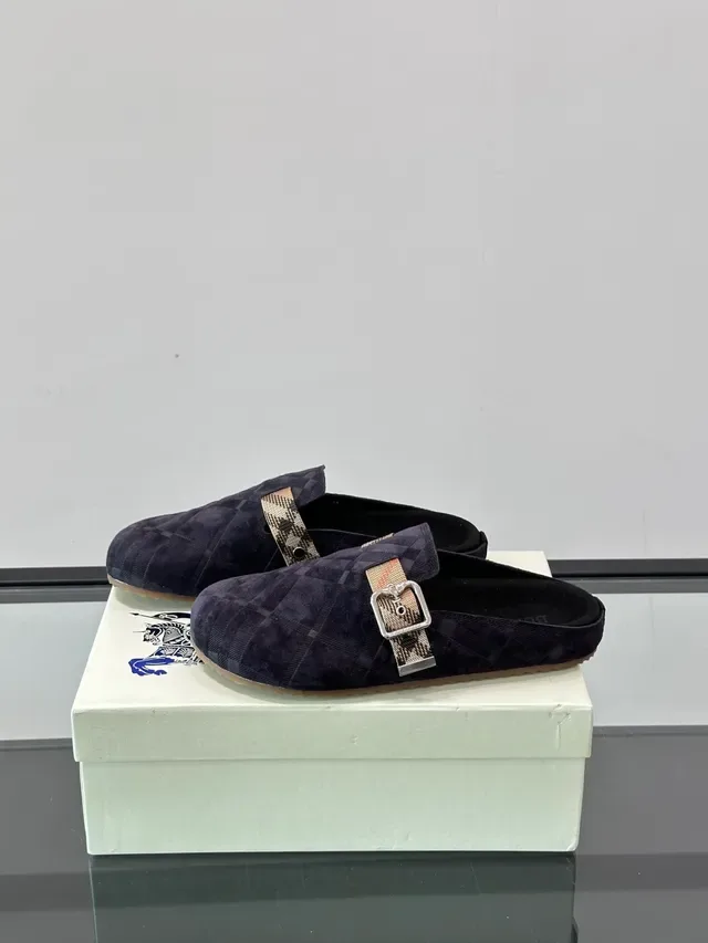 Burberry Navy Beige Quilted Suede-Like Upper Mule Silhouette Loafer 4
