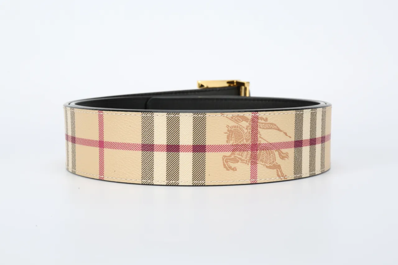 Burberry TB Belt Cinto de couro bege xadrez tom dourado 4