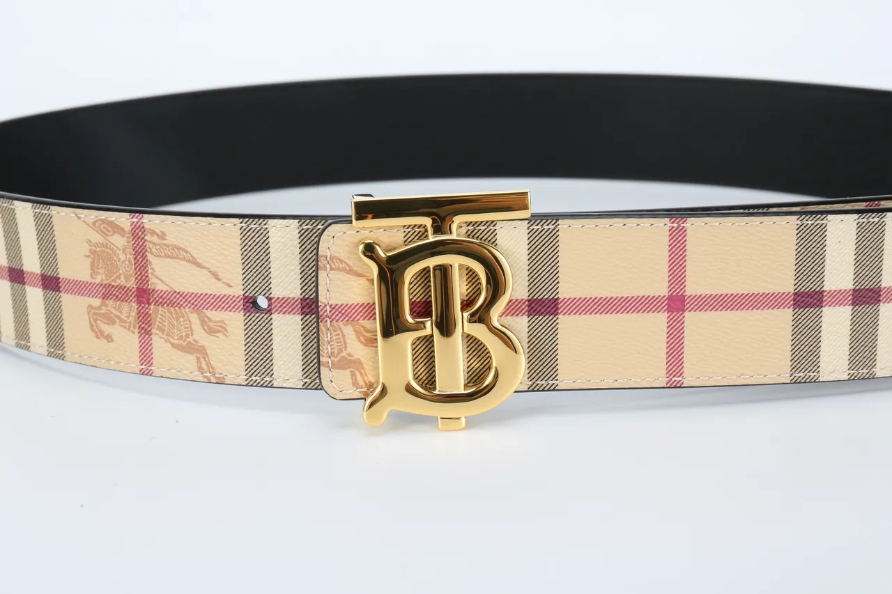 Burberry TB Belt Cinto de couro bege xadrez tom dourado 8