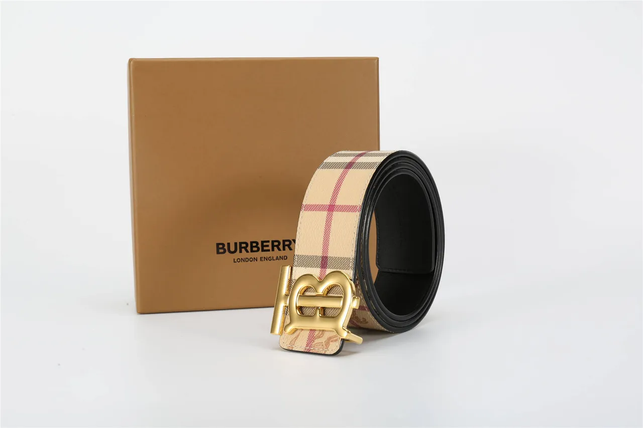 Burberry TB Belt Cinto de couro bege xadrez tom dourado 15