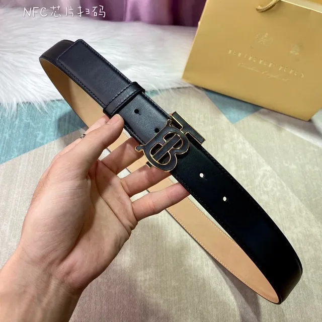 Burberry TB Belt Black Gold Smooth Monogram Buckle Leather Belt 7