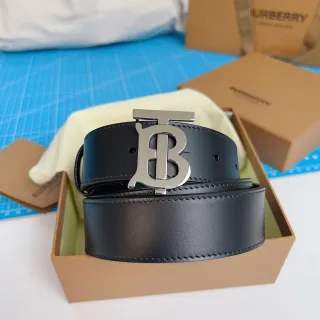 Burberry TB Belt Negro Plata Suave Pulido Monograma Hebilla Correa de Cuero