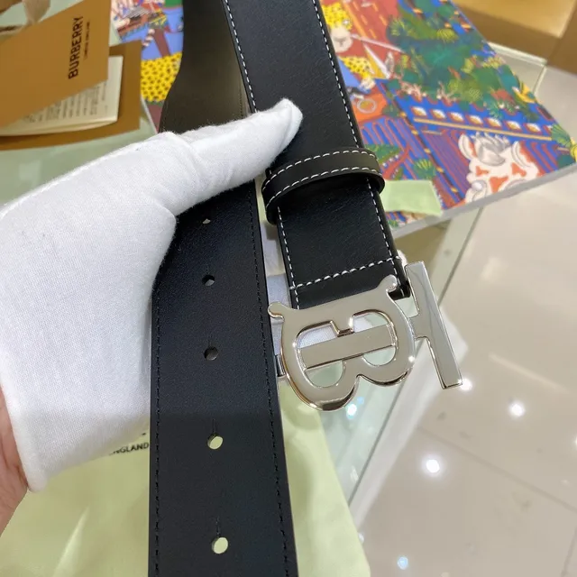 Burberry TB Monogram Belt Black White Oversized Buckle Contrast Stitching Leather Belt 8