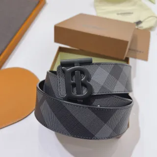Burberry TB Monogram Black Gray Buckle Check-Print Canvas Strap Leather Belt