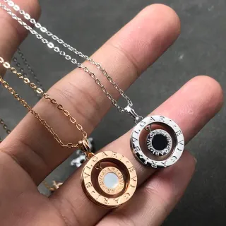 Bvlgari B.zero1 Gold Silver Concentric Double-Ring Pendant Engraved Brand Lettering Necklace