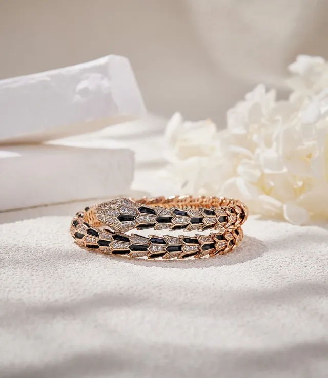 Bvlgari Gold Black Coiled Serpent Hexagonal Scale Motif Bracelet 5
