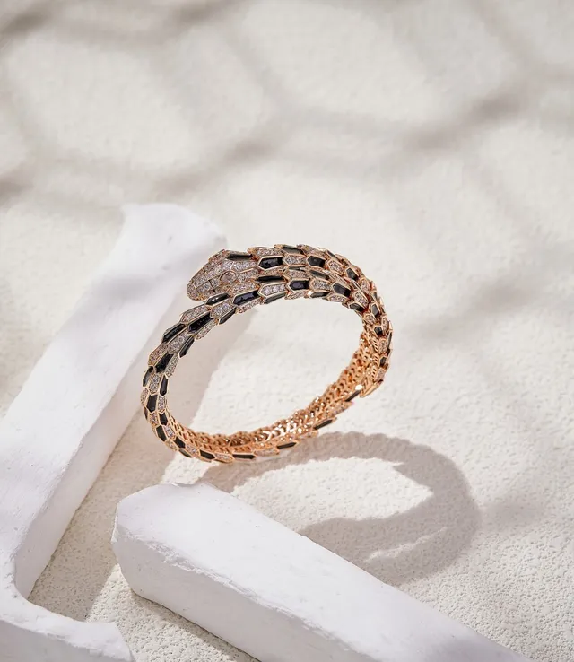 Bvlgari Gold Black Coiled Serpent Hexagonal Scale Motif Bracelet 6