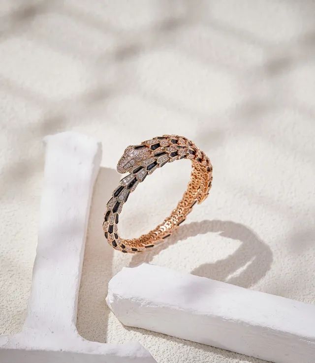 Bvlgari Gold Black Coiled Serpent Hexagonal Scale Motif Bracelet 7