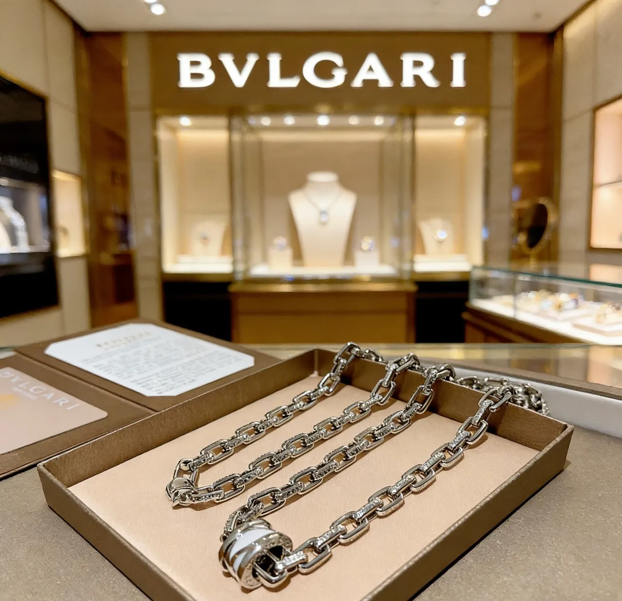 Bvlgari Argent Blanc Pendentif Interlocking Triple-Ring Diamants Pavé Chaîne Collier 2