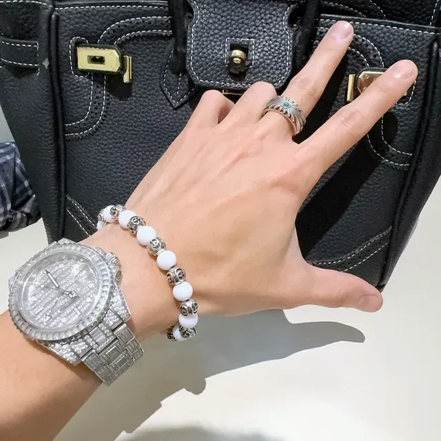 Bvlgari सफेद चांदी बीडेड गोलीदार पत्थर कंगन 2