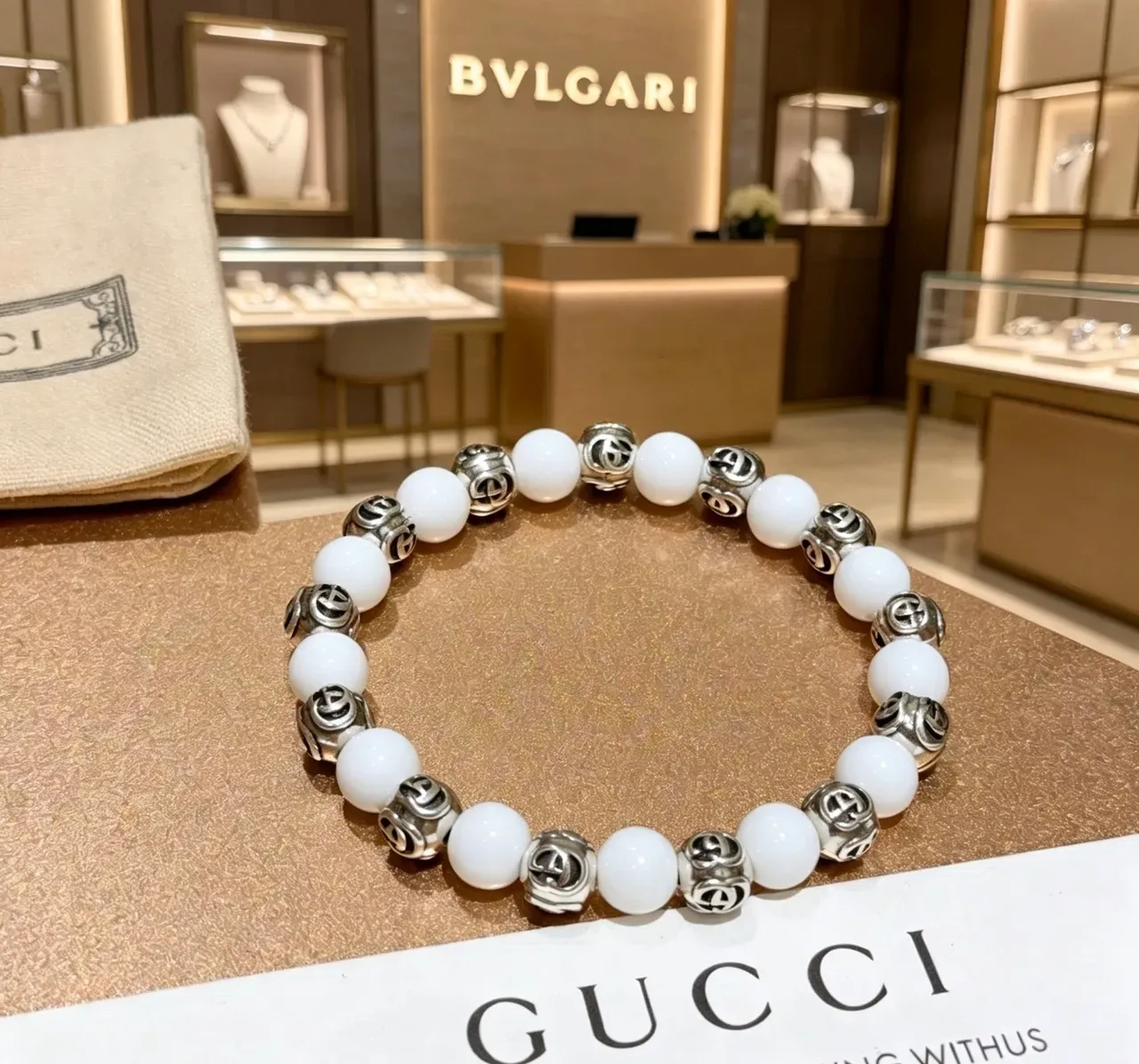 Bvlgari सफेद चांदी बीडेड गोलीदार पत्थर कंगन 3