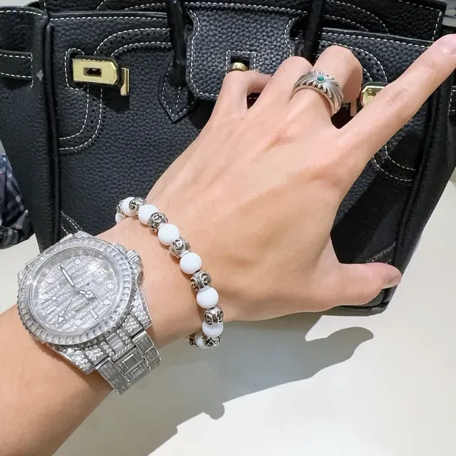 Bvlgari सफेद चांदी बीडेड गोलीदार पत्थर कंगन 4