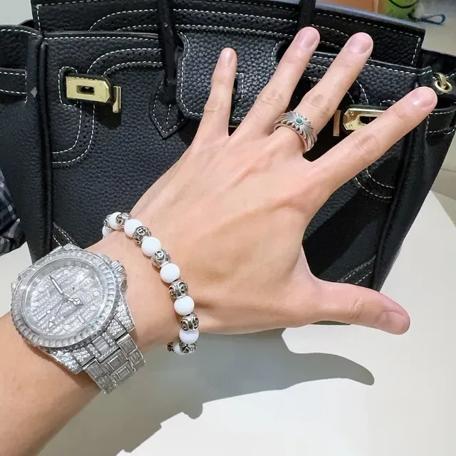Bvlgari सफेद चांदी बीडेड गोलीदार पत्थर कंगन 7