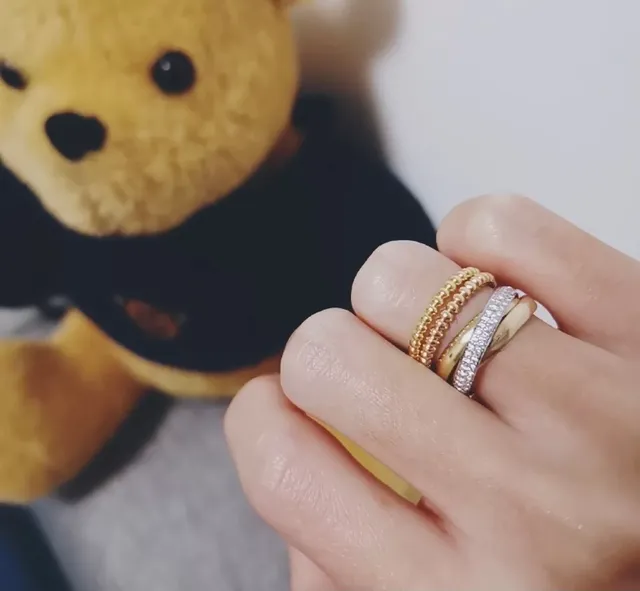 Anel Cartier Trinity Ouro Prata Triple-Interlocking Bands Pavé Diamante Anel de Banda 9