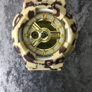 Casio 米色棕色豹纹树脂表壳金色五金手表