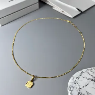 Celine Gold Fine Curb-Link Chain Rectangular Engraved Pendant Necklace
