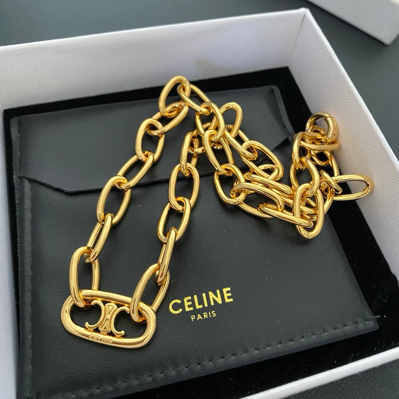 Celine Triomphe Gold-Tone Oval Link Necklace 7