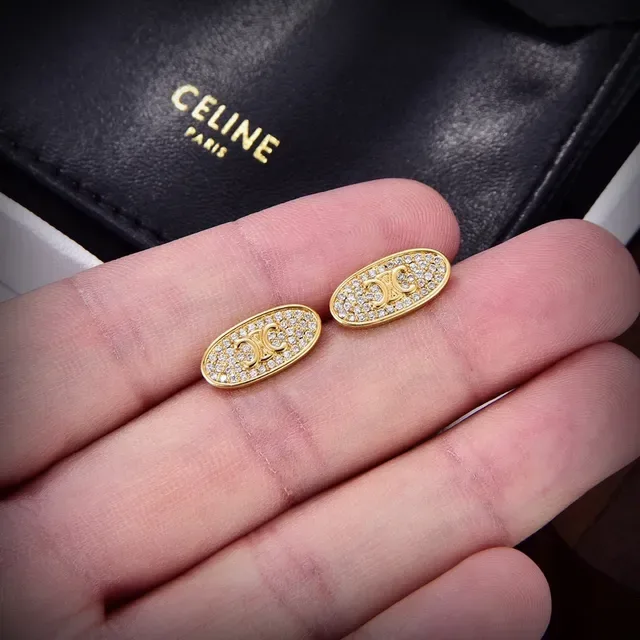 Celine Triomphe Oval Pavé Crystal Monogram Stud Earrings 3
