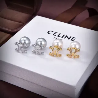 Celine Triomphe Silver Gold Pearl Stud Pavé-Set Earrings