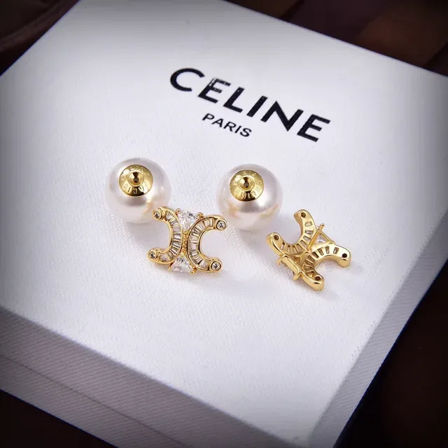 Celine Triomphe Silver Gold Pearl Stud Pavé-Set Earrings 2