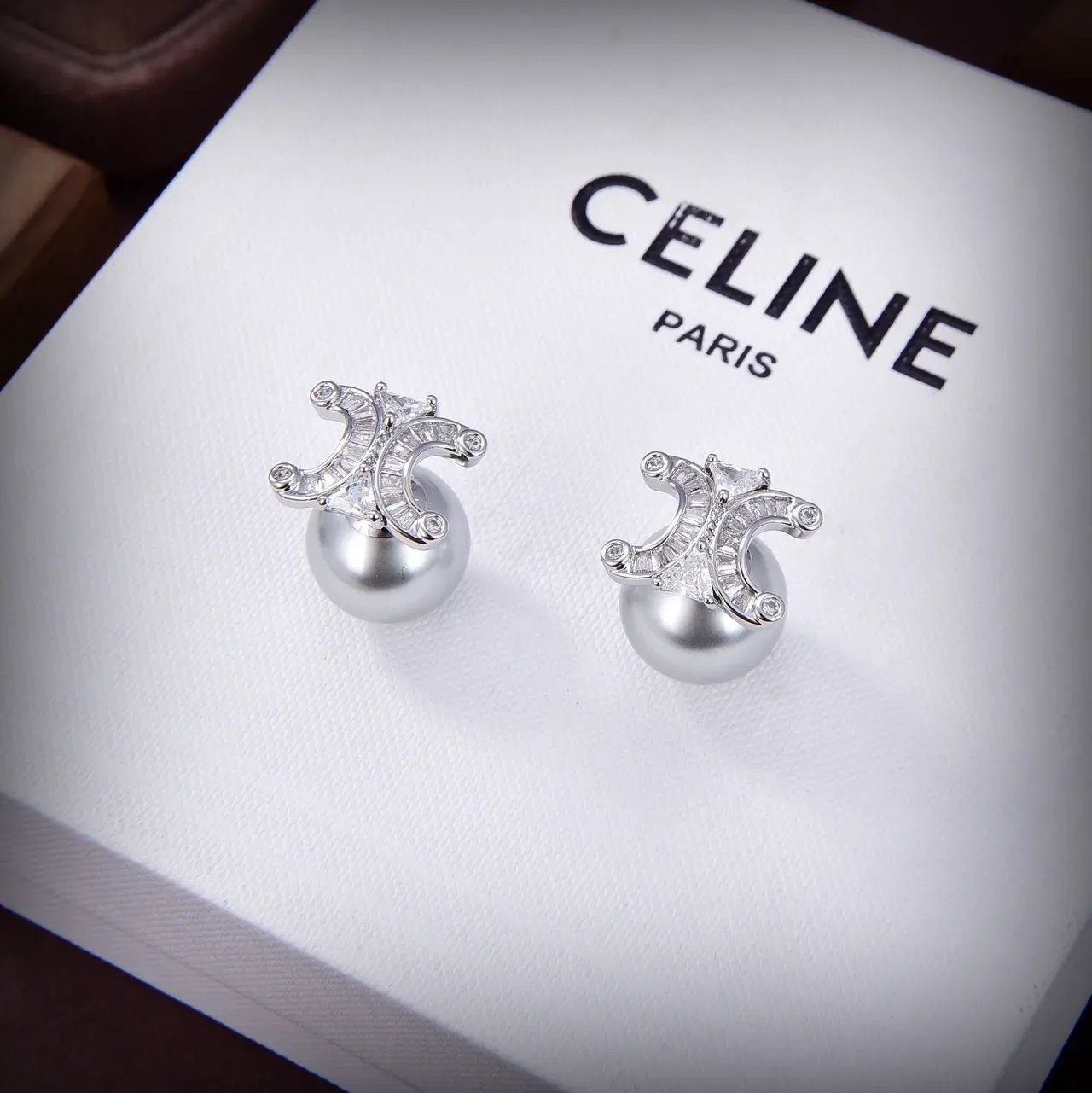 Celine Triomphe Silver Gold Pearl Stud Pavé-Set Earrings 3