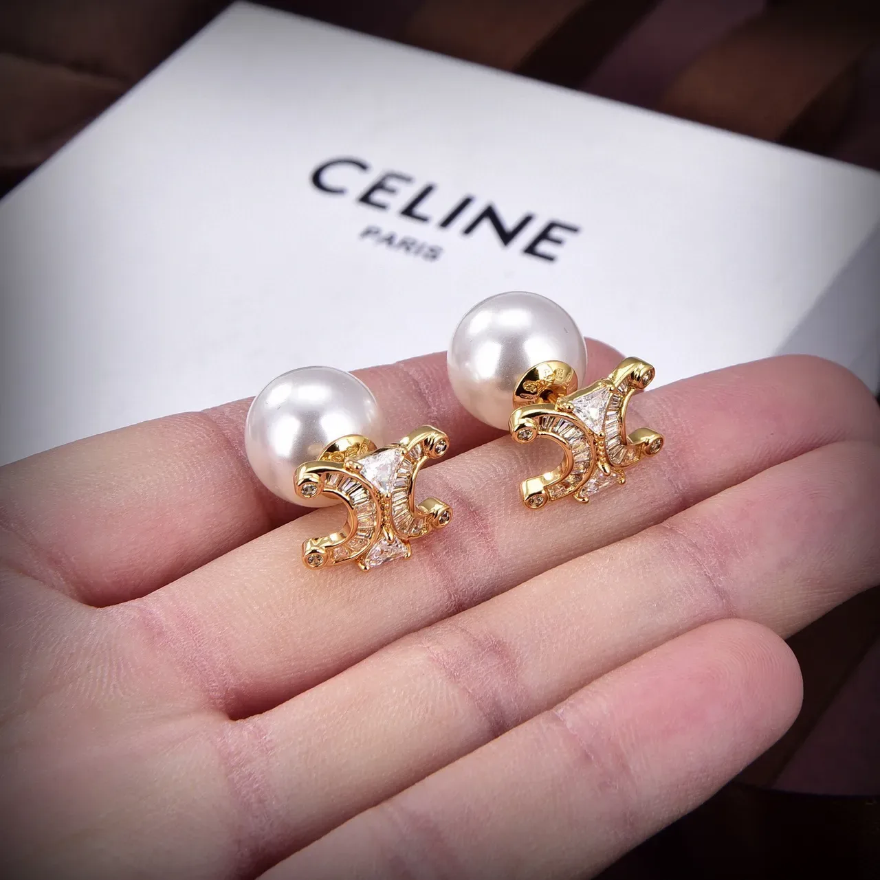 Celine Triomphe Silver Gold Pearl Stud Pavé-Set Earrings 4