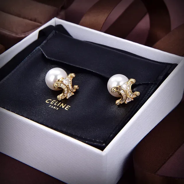 Celine Triomphe Silver Gold Pearl Stud Pavé-Set Earrings 5