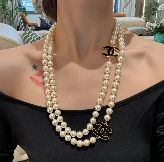 Chanel Beige Black Double-Strand Pearl Necklace 2
